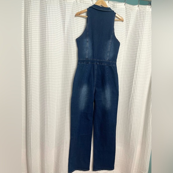 SHEIN Dark Denim Zip Front Jean Wide Leg Jumpsuit Sz XL - Picture 5 of 14